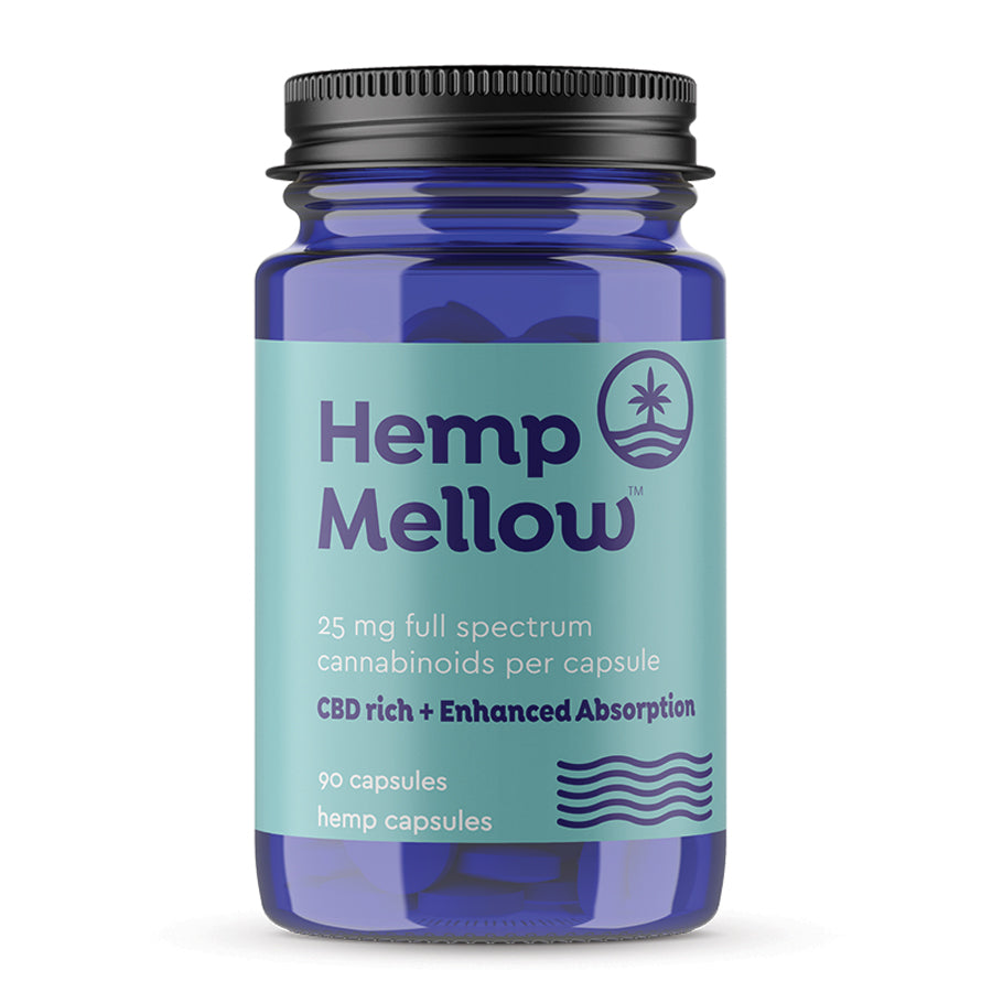 90ct bottle of Hemp Mellow's CBD stress relief capsules with a thc microdose